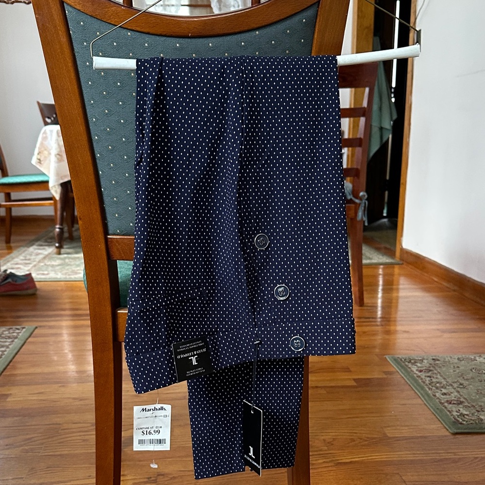 Navy with white polka dot pattern.